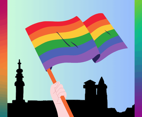 Das Bild zeigt im Vordergrund eine Hand die eine Regenbogenfahne hält. Im Hintergrund sind die Umrisse der Kirchen an der Elbe zu abgebildet.