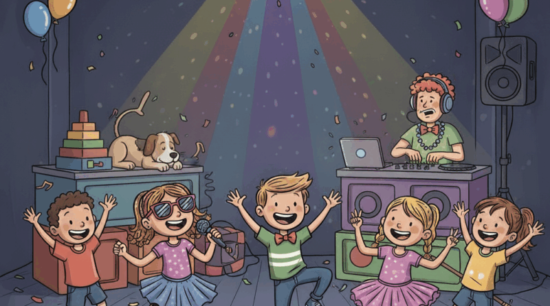 Das comicartige Bild zeigt einen Kindergeburtstag. Rechts hinten legt ein DJ auf.