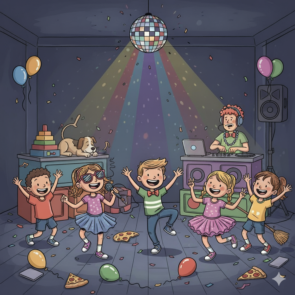 Das comicartige Bild zeigt einen Kindergeburtstag. Rechts hinten legt ein DJ auf.