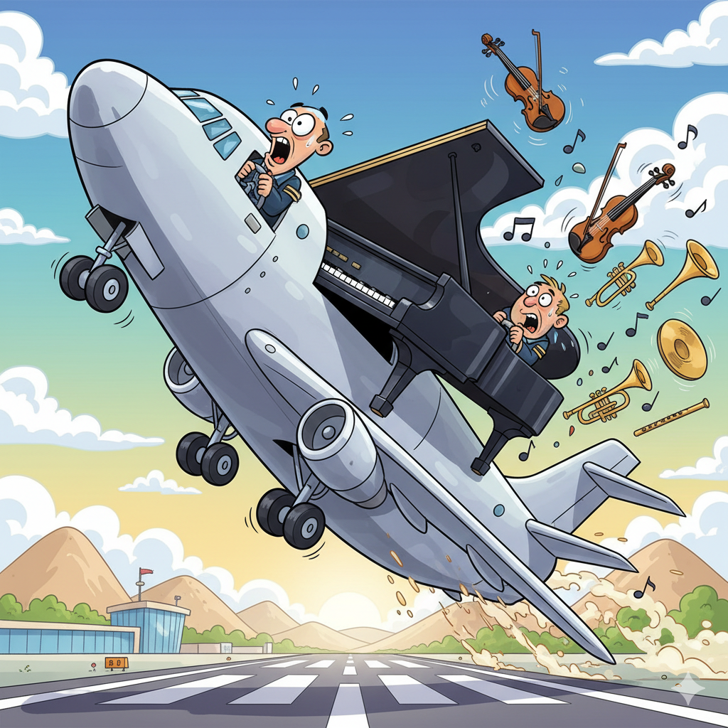 Das mit künstlicher Intelligenz gezeichnete Bild zeigt ein Flugzeug was gerade von der Startbahn abhebt und auf dem ein Klavier drauf ist. Zwei Menschen schauen panisch, einer aus dem Fenster und einer aus dem Klavier.