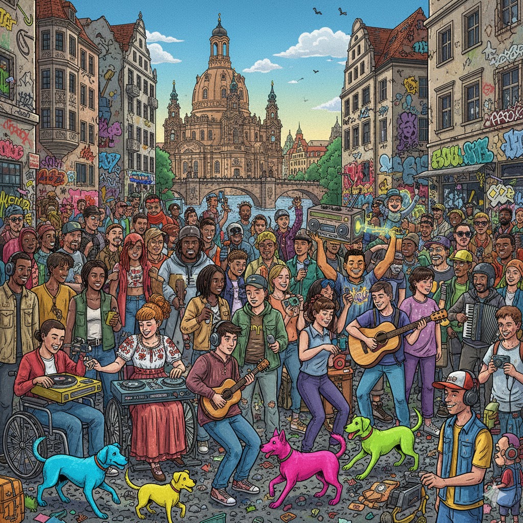 Das Bild ist von künstlicher Intelligenz gezeichnet und zeigt viele Menschen die in den Straßen von Dresden eine Party feiern.