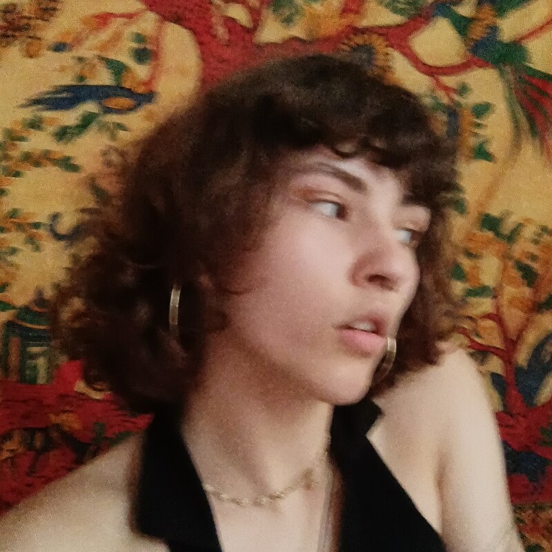 Das Bild zeigt eine Nahaufnahme des Gesichts einer jungen Frau. Das Bild ist leicht verschwommen und hinter ihr ist ein Wandteppich.