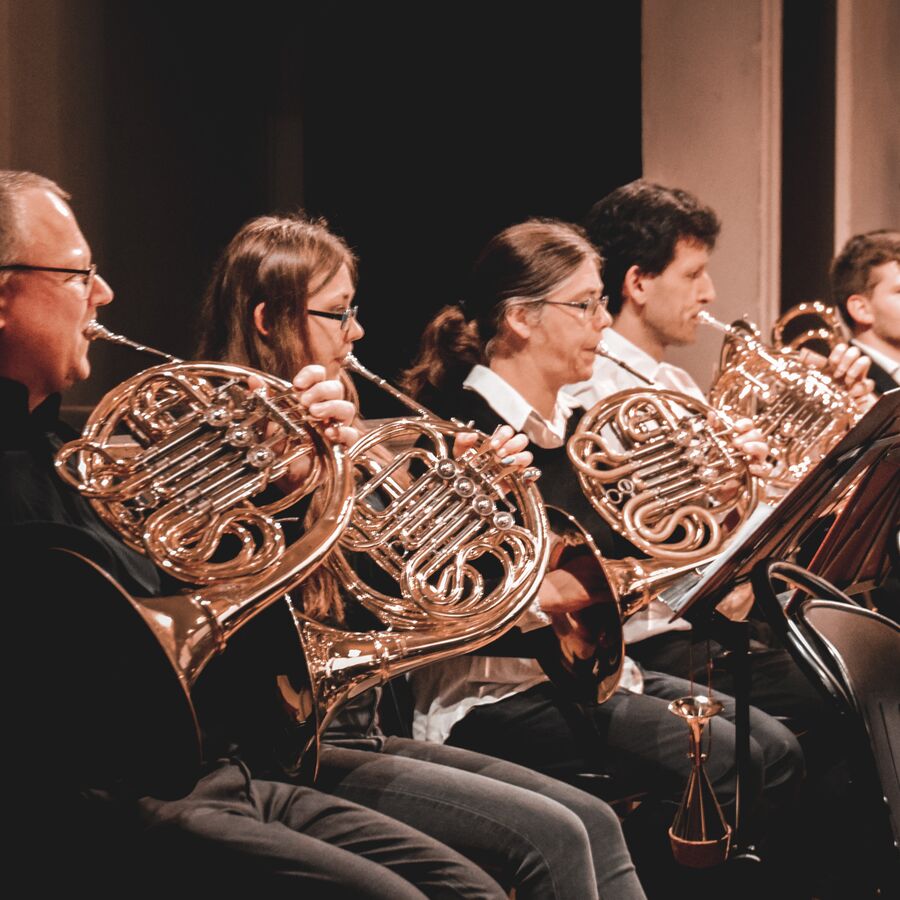 Das Bild zeigt von der Seite 5 Menschen welche alle ein Horn (Instrument) in der Hand haben und es spielen.