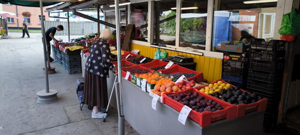 Das Bild zeigt eine ältere Frau die vor einem Obststand steht. Die Kisten sind mit Pfirsischen, Kirschen, Pflaumen, Melonen und anderen Sachen gefüllt. Das Foto wurde in Lettland aufgenommen.