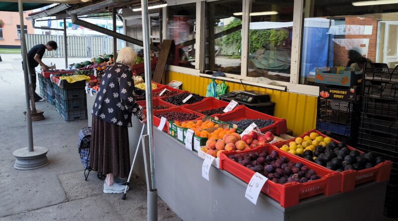 Das Bild zeigt eine ältere Frau die vor einem Obststand steht. Die Kisten sind mit Pfirsischen, Kirschen, Pflaumen, Melonen und anderen Sachen gefüllt. Das Foto wurde in Lettland aufgenommen.
